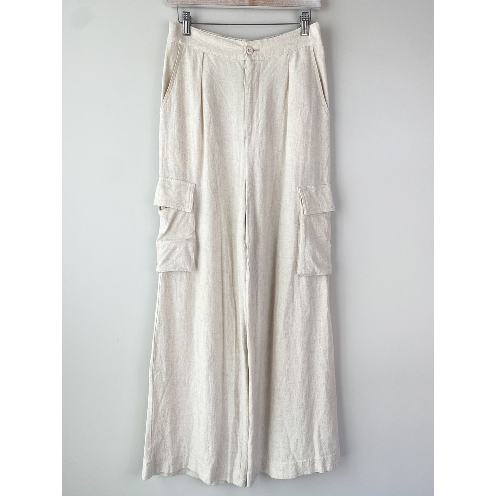 Papermoon Womens Wide Leg Cotton Cargo Pants M Cream Baggy Coastal Hamptons Vibe